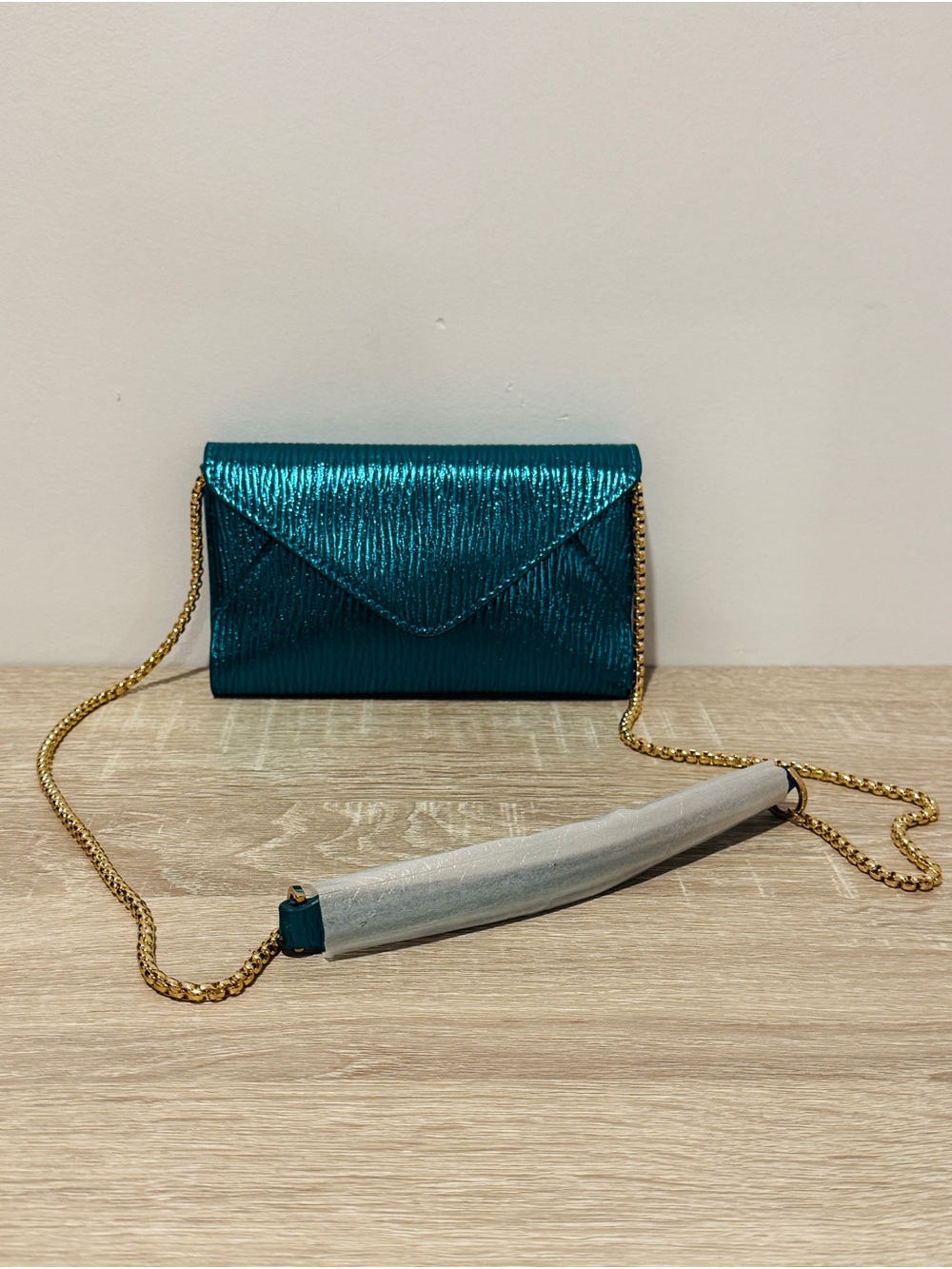 ZARA New Metallic Teal Blue Envelope Crossbody Bag Gold Chain Wallet Clutch